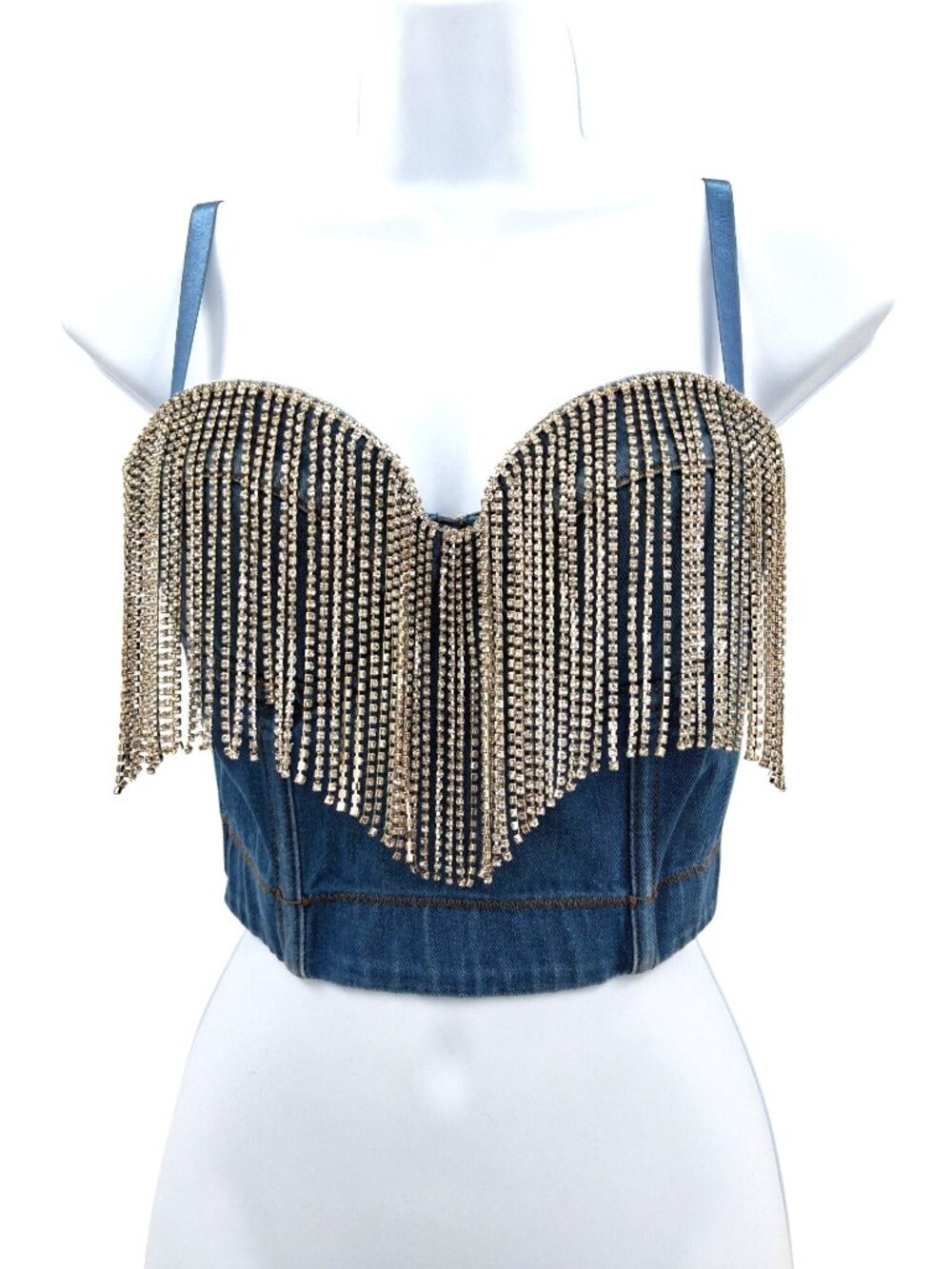 Lydia USA Denim Bustier Crop Top With Rhinestone Fringe Size Small NWT